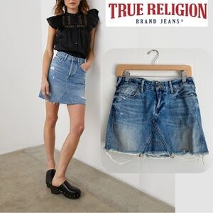 TRUE RELIGION Jean Mini Distressed Skirt Denim Y2K Streetwear Medium Wash USA 27